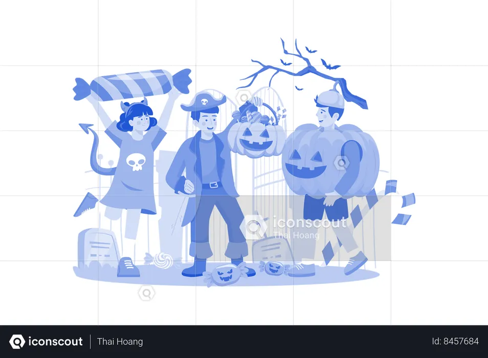 Three Children Dressed With Pumpkins  Illustration