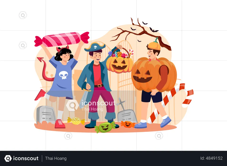Three Children Dressed With Pumpkins  Illustration