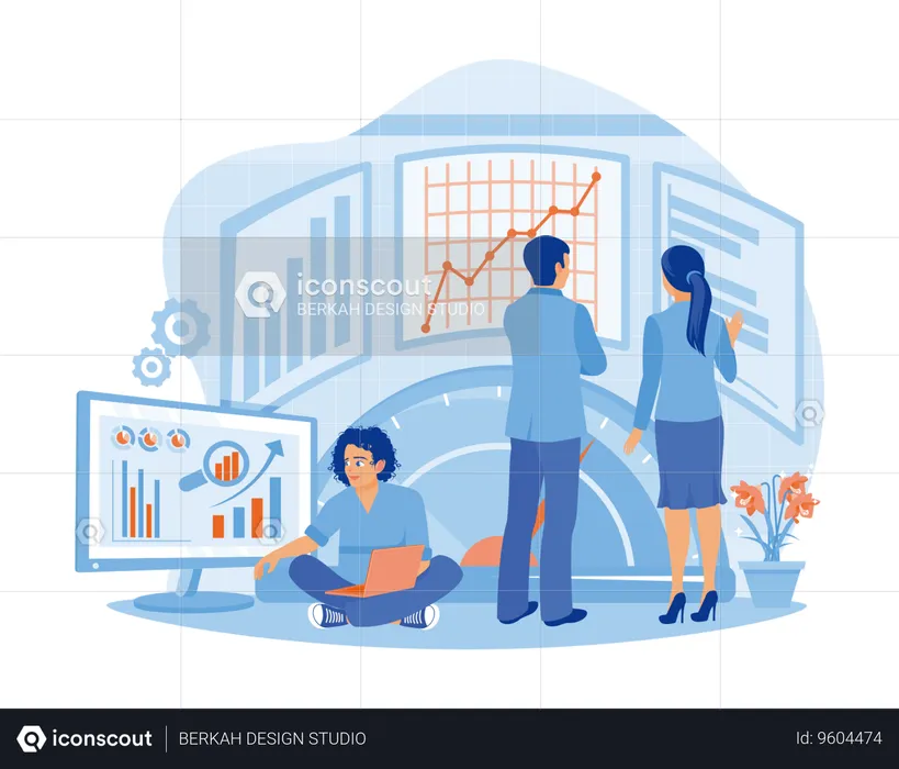 Three Company Employees Compare Test And Analyze Company Business Charts  Illustration