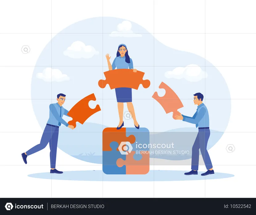 Three employees connect puzzle and symbolizing work statistics  Illustration