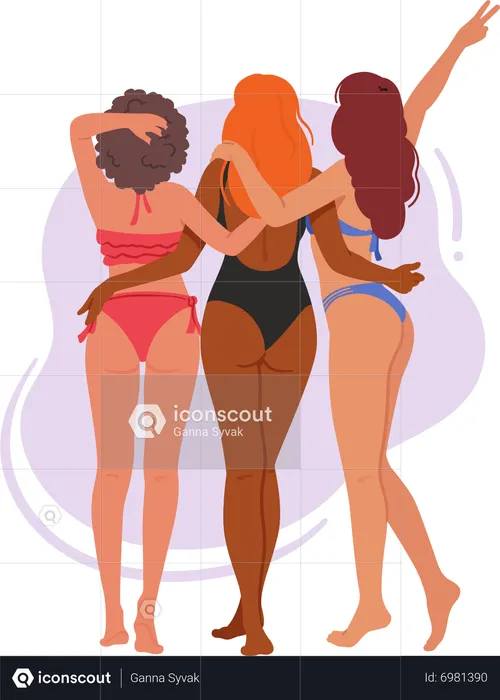 Three Female Friends In Swimsuits Standing Together On Beach  Illustration