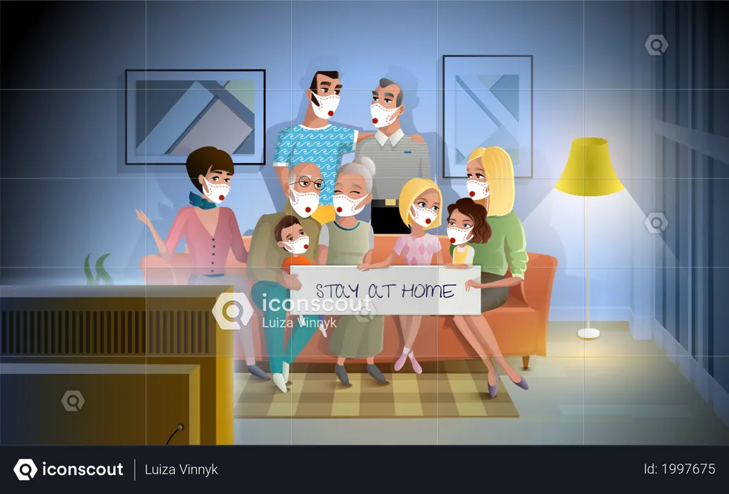 Three Generations Family Talking and Spending Together while Sitting on Coach in Living Room  Illustration