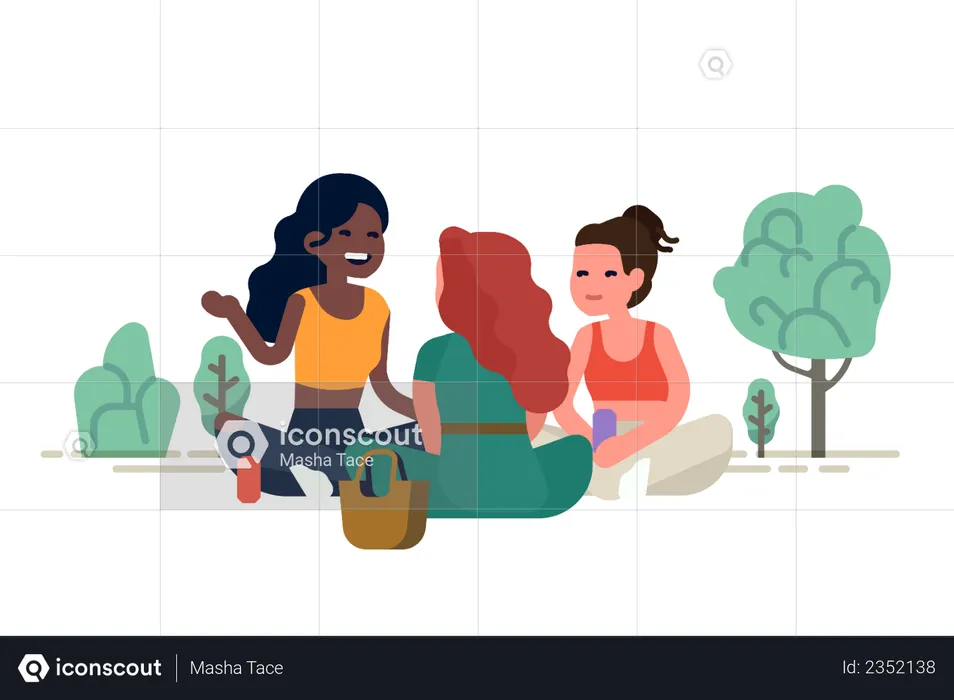 Three girl friends having a picnic in a park sitting around talking to each other  Illustration