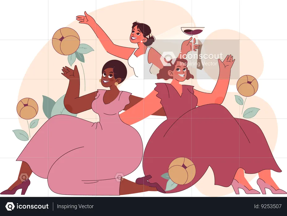 Three jubilant bridesmaids celebrating bride party  Illustration