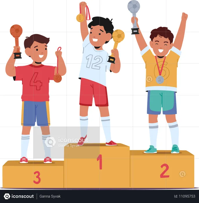 Three Jubilant Young Soccer Players Stand On Winner Podiums  Illustration