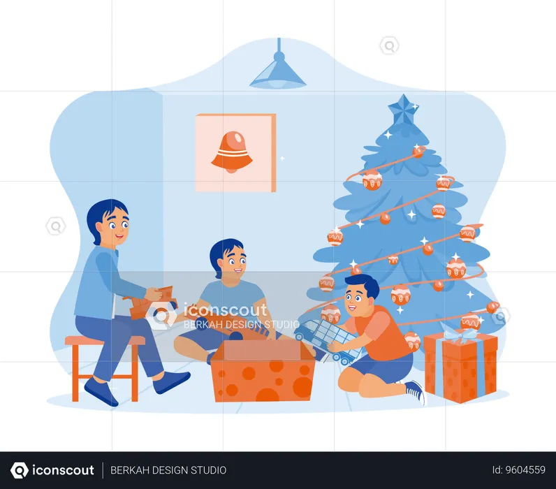 Three little children opening Christmas presents together under the Christmas tree  Illustration