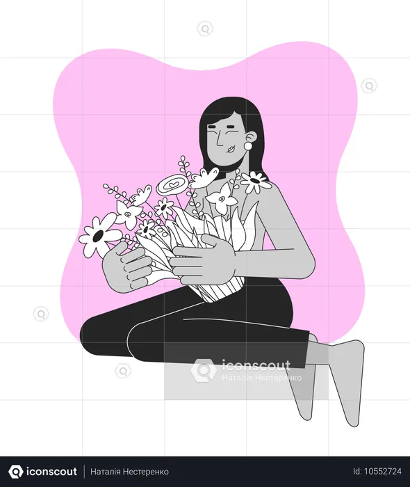 Thriving survivor indian south asian woman embracing bouquet  Illustration