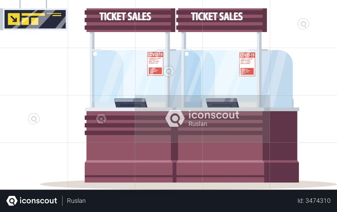 Ticket sales counter with coronavirus warning  Illustration