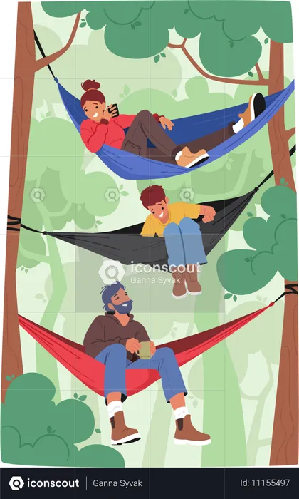 Tiempo de relajación en familia en hamacas en el bosque  Ilustración