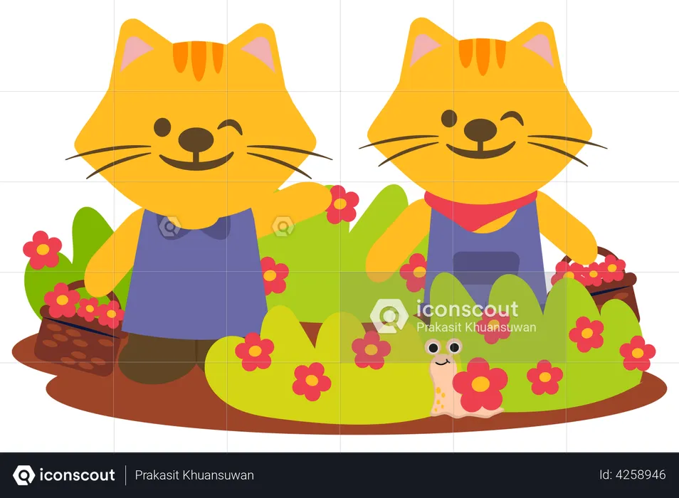 Tiger couple admire the flowers in garden  Illustration
