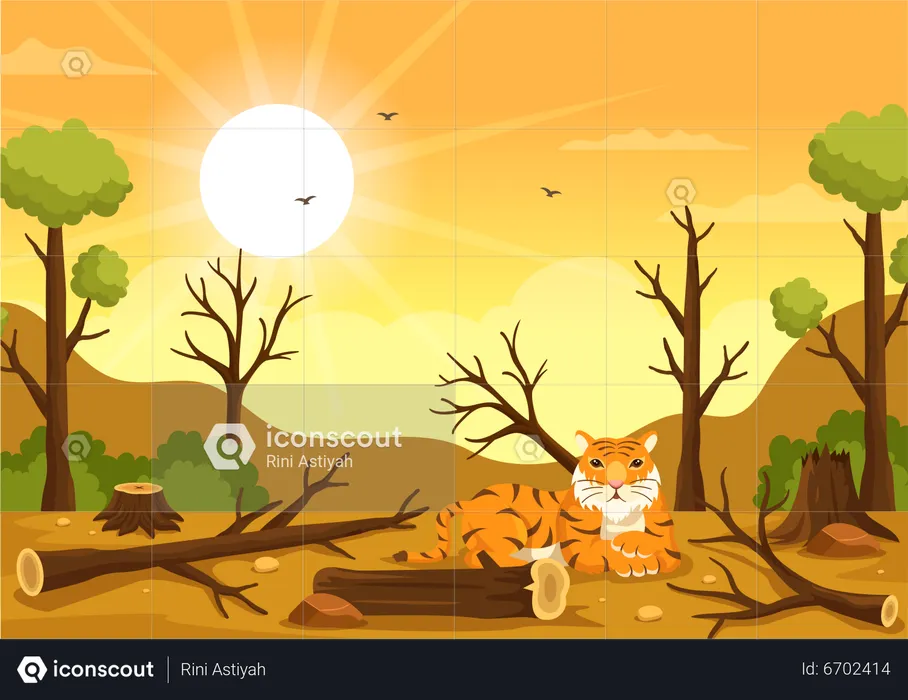 Tiger sitting in Deforestation jugnle  Illustration