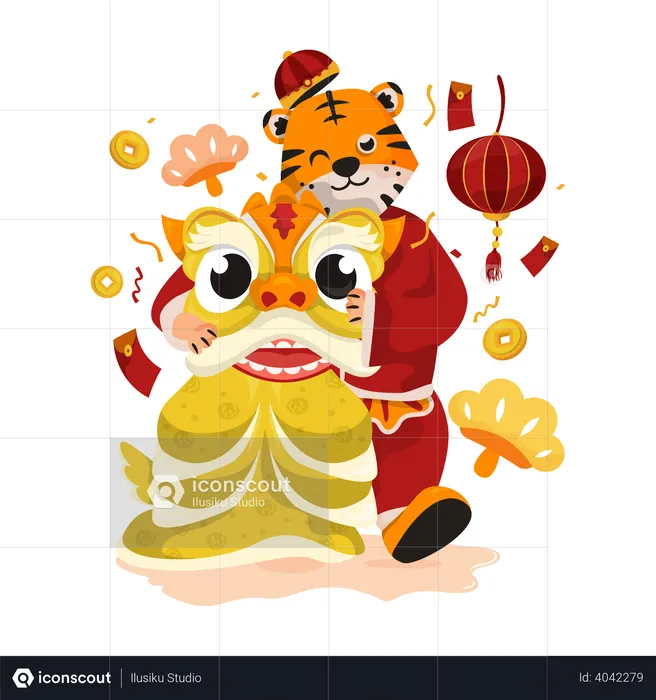 Tiger with lion dance costume  Illustration