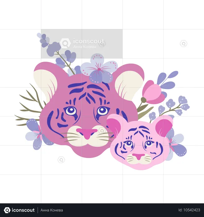 Mãe tigre e filhote tigre com flores  Ilustração