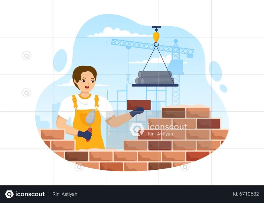 Pedreiro masculino colocando tijolos  Ilustração