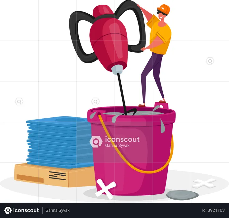 Tiler mixing cement mortar for ceramics tile laying  Illustration