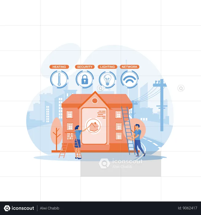 Tiny business people at innovative smart home automation system  Illustration
