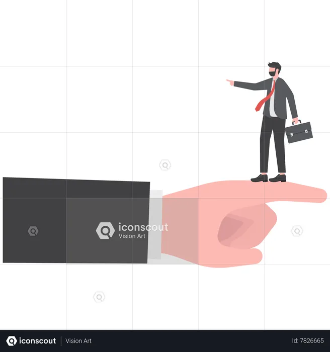 Tiny businessman standing on giant hand pointing in opposite direction  Illustration