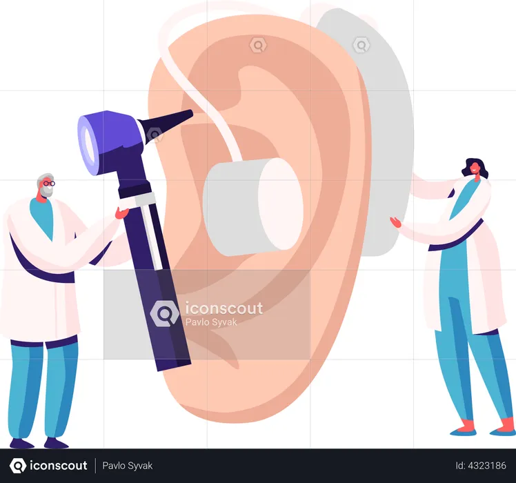 Tiny Male Female Doctors Fitting Deaf Aid on Huge Patient Ear. Hearing Loss Medical Health Problem, Otolaryngology  Illustration