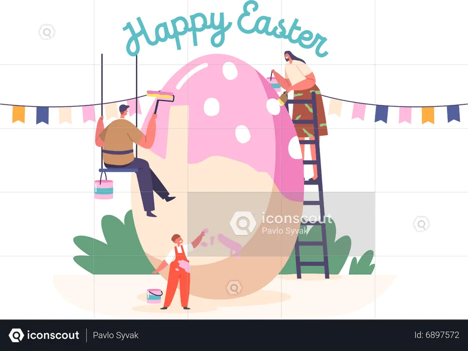 Father and Boy Painting Huge Egg for Spring Holiday  Illustration