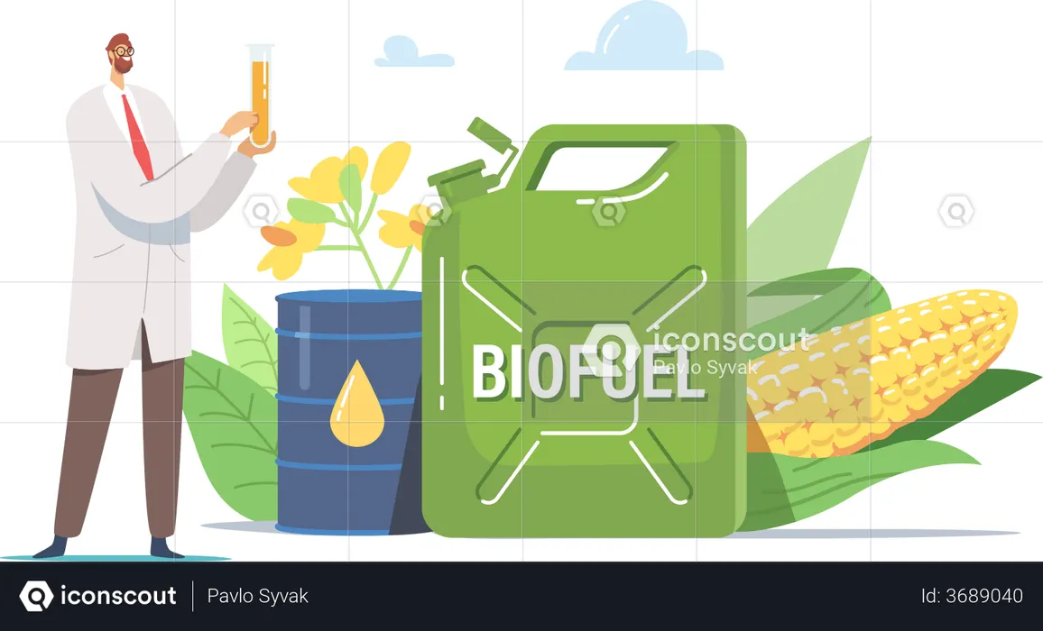 Tiny Scientist Chemist Holding Glass Flask with Liquid Eco Petrol  Illustration