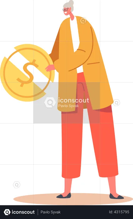 Tiny Senior Woman with Huge Golden Coin  Illustration