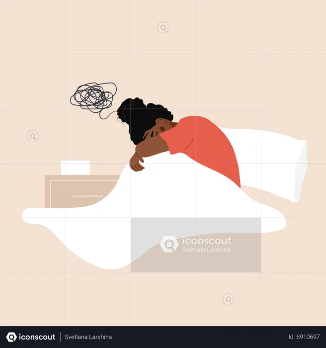 Tired african woman having difficulty falling asleep  Illustration