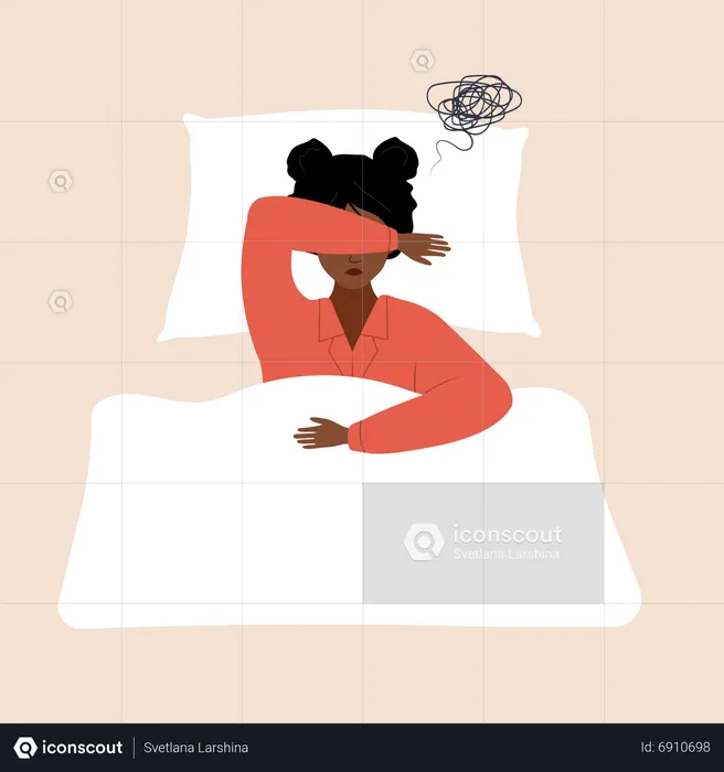 Tired african woman lying in bed and suffer from headache  Illustration