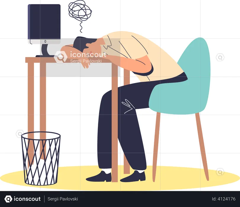 Tired and exhausted businessman lying on desktop overworked and overwhelmed at workplace  Illustration