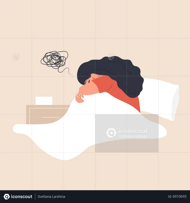 Tired and upset woman having difficulty falling asleep  Illustration