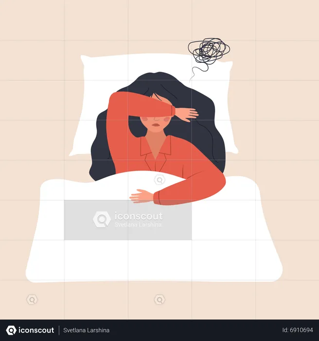Tired and upset woman lying in bed and suffer from headache  Illustration