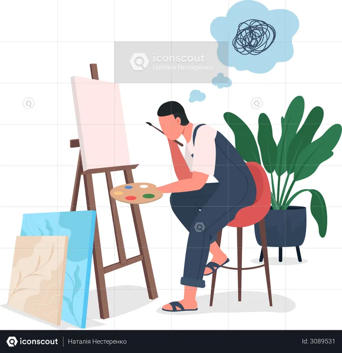 Tired artist at easel  Illustration