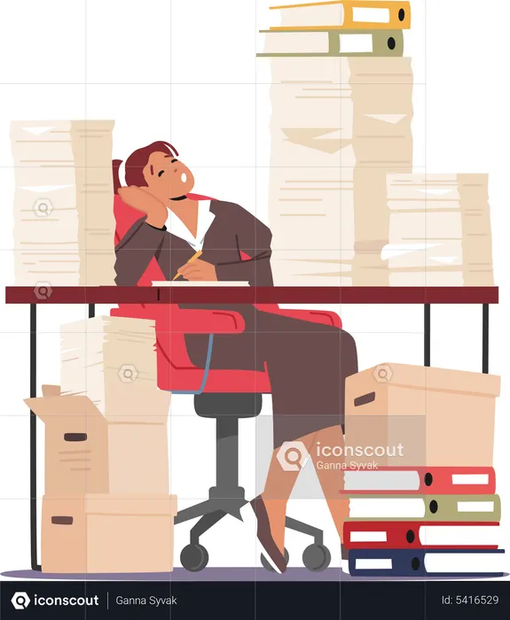 Tired Business Woman Sleeping at Workplace with Heaps of Documents and Paperwork  Illustration