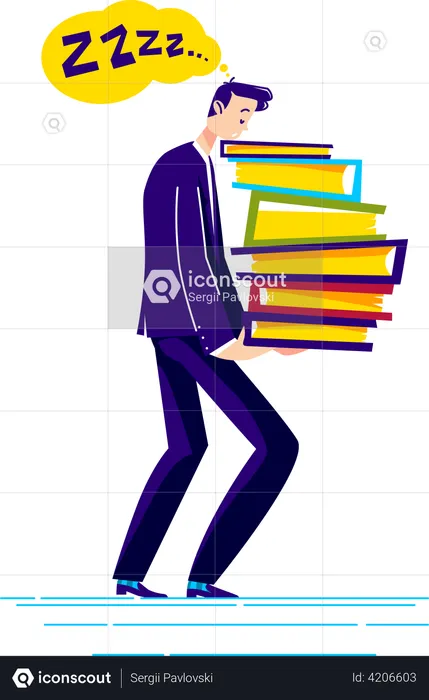 Tired businessman holding pile of document folders exhausted and overloaded  Illustration