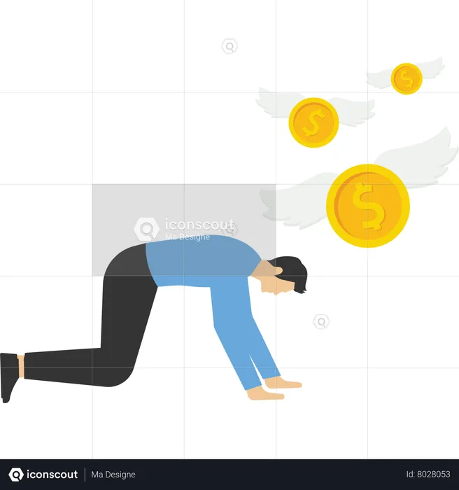 Tired businessman looking money flying away  Illustration