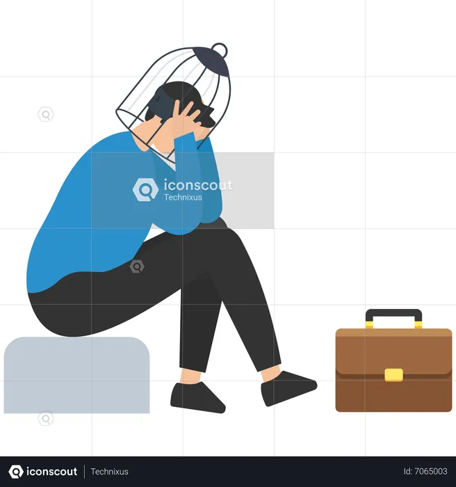 Tired businessman put hands head with briefcase  Illustration