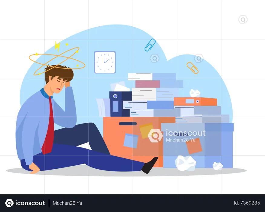 Tired businessman sitting on floor with large pile of documents  Illustration