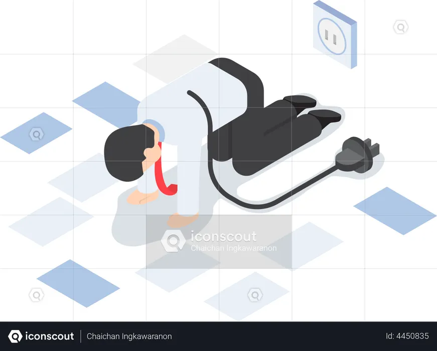 Tired businessman unplug and stop working  Illustration