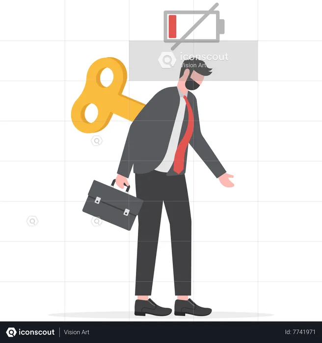 Tired businessman with Clockwork key and empty battery  Illustration