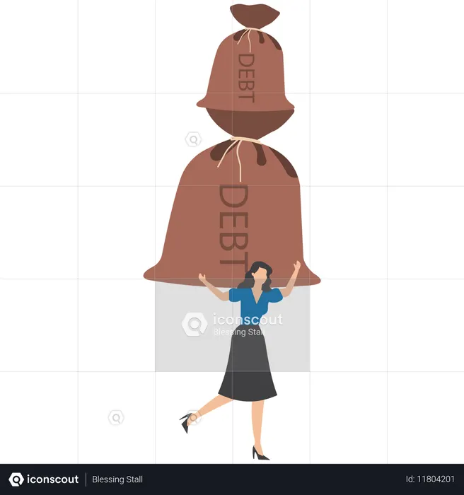 지친 사업가가 부채라는 라벨이 붙은 거대한 돈가방을 들고 있는데, 이는 재정적 의무의 무거운 짐을 상징한다.  일러스트레이션