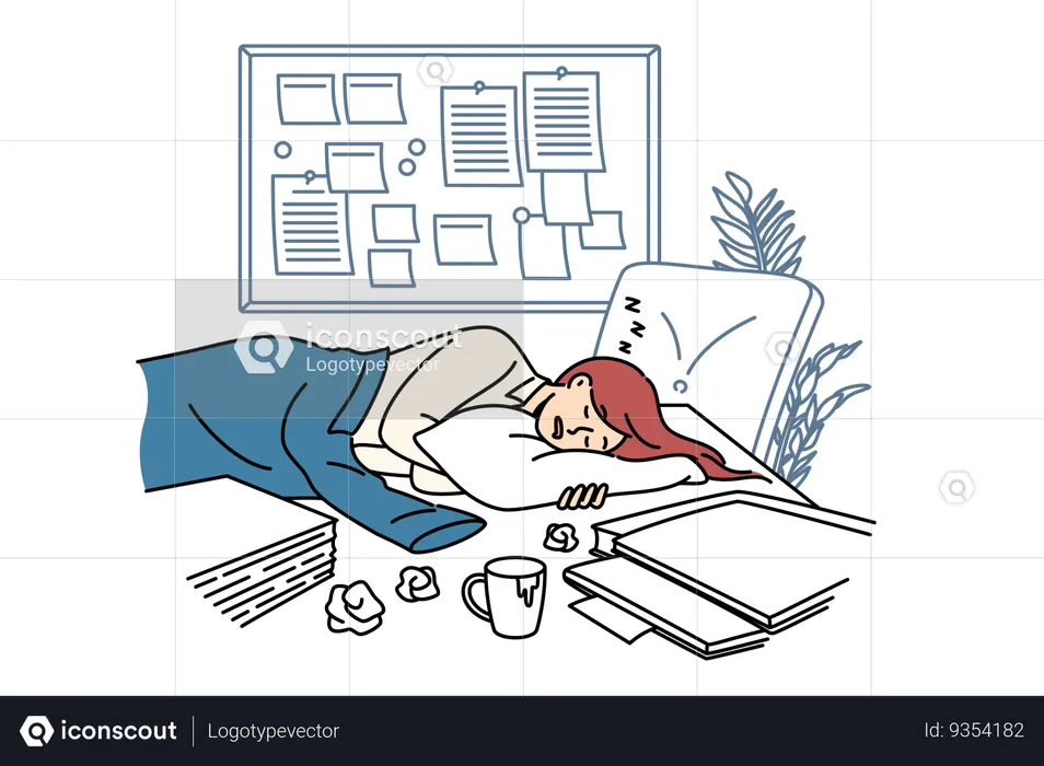 Tired businesswoman sleeps on office desk among papers and kanban board due to strict deadlines  Illustration