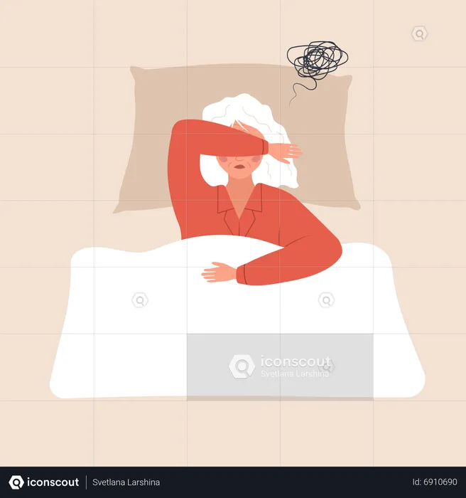 Tired elderly woman lying in bed and suffer from headache  Illustration