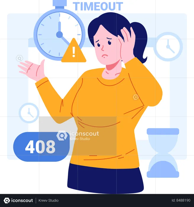 Tired girl with Error 408 Request Timeout  Illustration