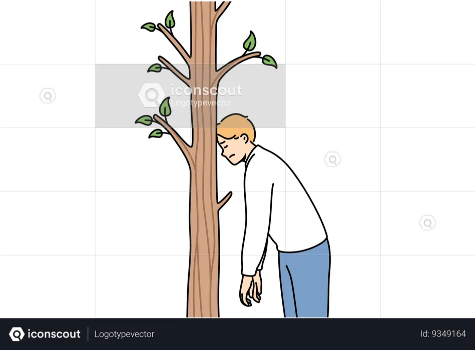 Tired man rests forehead on tree to rest after long walk in fresh air and standing alone in forest  Illustration