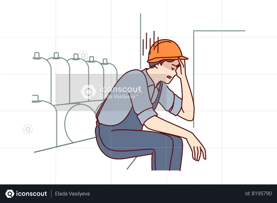 Tired man working in factory sits near production equipment holding head because of nervous job  Illustration