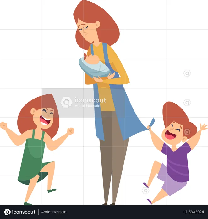 Tired mom with naughty kids  Illustration