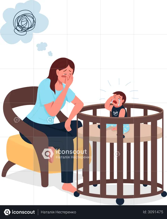 Tired mother with crying baby  Illustration