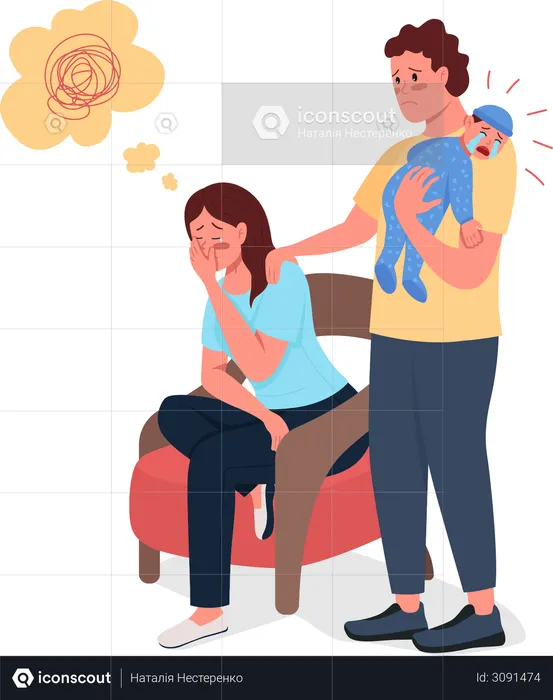 Tired mother with husband and newborn baby  Illustration