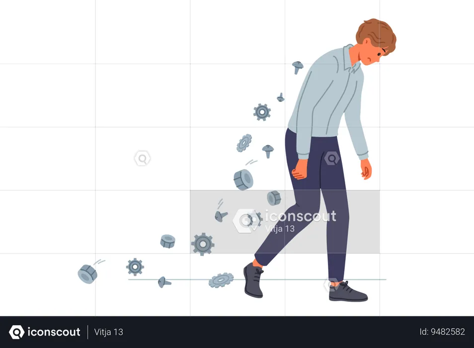 Tired office man feels burnout and pain in back goes dropping bolts and cogs from spine  Illustration