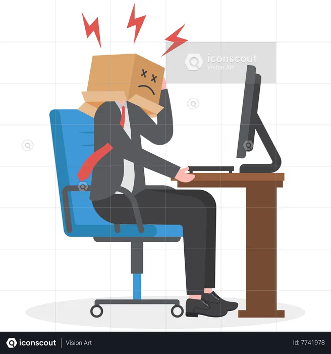 Tired office worker with a box on his head  Illustration