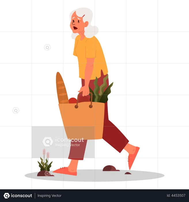 Tired Old Lady while doing grocery shopping  Illustration